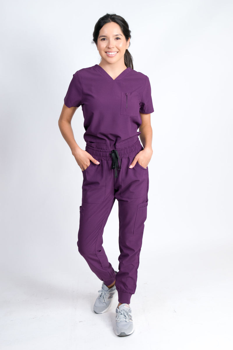 Fleur | Women's Mitered Neck Zip Chest Pocket Top Knit Rib Cuffs Jogger Pants Set | Cool Colors