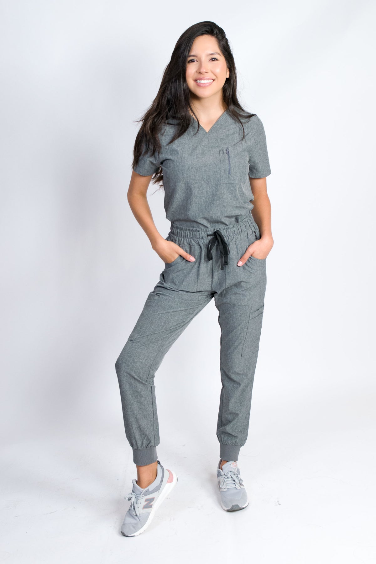 Fleur | Women's Mitered Neck Zip Chest Pocket Top Knit Rib Cuffs Jogger Pants Set | Neutral Colors