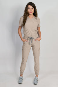 Fleur | Women's Mitered Neck Zip Chest Pocket Top Knit Rib Cuffs Jogger Pants Set | Neutral Colors