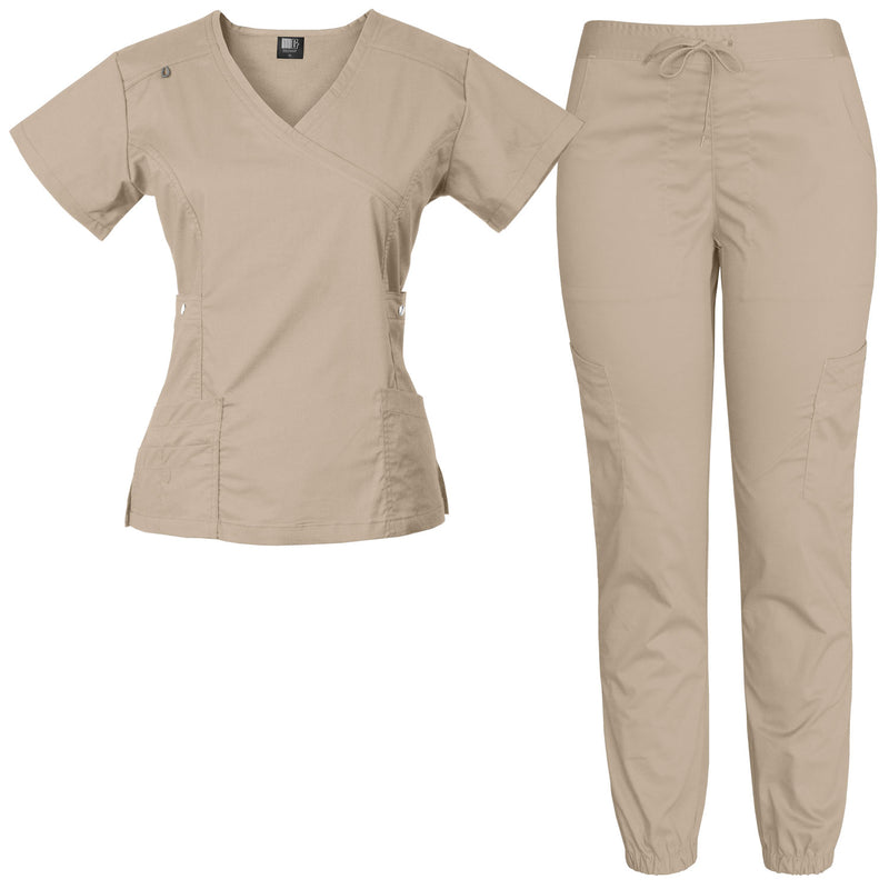 Raina | Limited Edition Women's Mock Wrap Snap Pockets Scrubs Set | Neutral Colors | Clearance Item